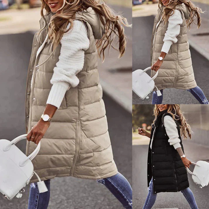 Women's Long Sleeveless Winter Vest with Hood
