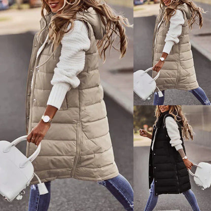 Women's Long Sleeveless Winter Vest with Hood