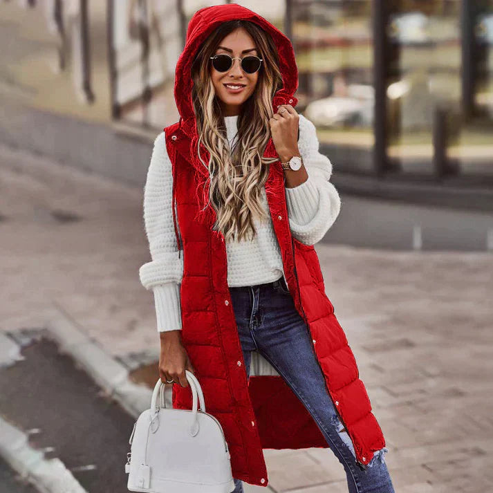 Women's Long Sleeveless Winter Vest with Hood