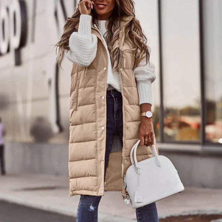 Women's Long Sleeveless Winter Vest with Hood