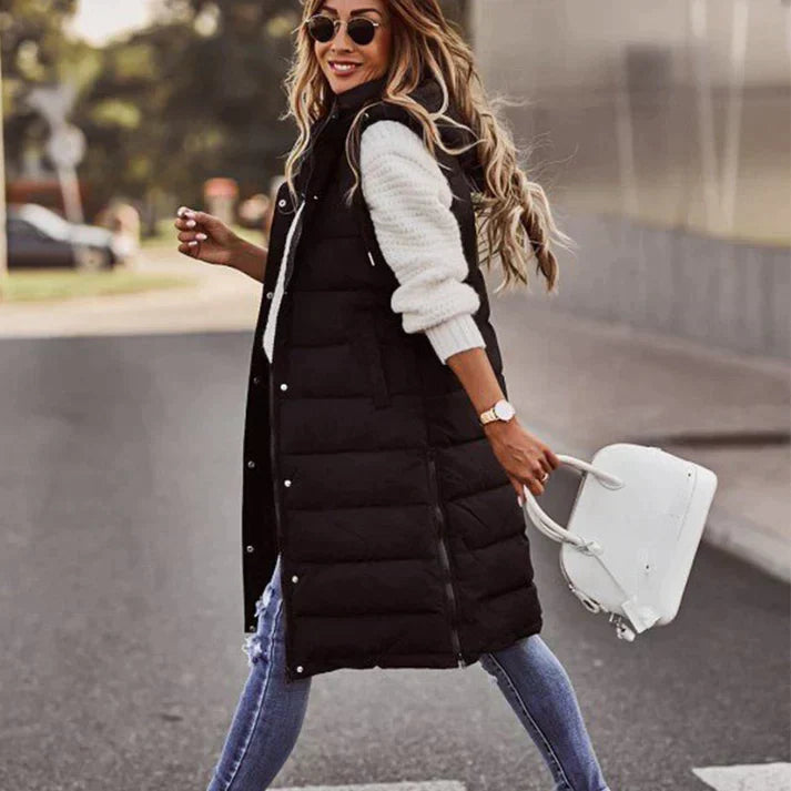 Women's Long Sleeveless Winter Vest with Hood