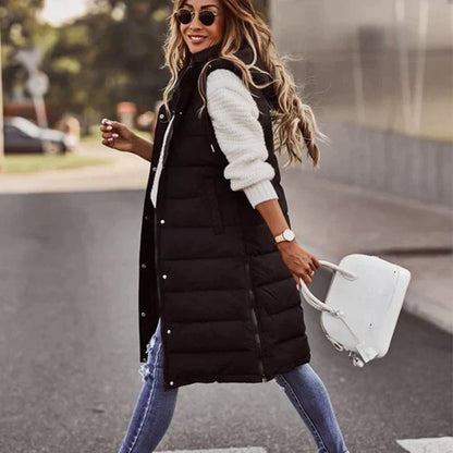 Women's Long Sleeveless Winter Vest with Hood