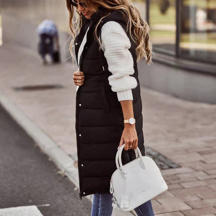 Women's Long Sleeveless Winter Vest with Hood