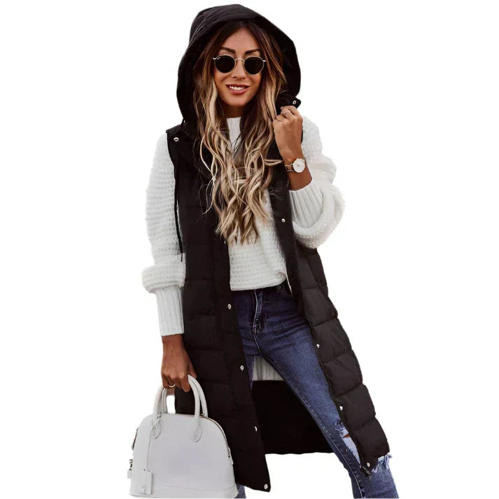 Women's Long Sleeveless Winter Vest with Hood